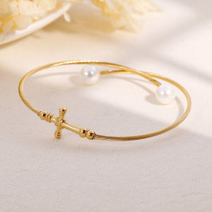 Fashion Classic Plated Gold Cross 316L Stainless Steel Bangle with Imitation Pearls