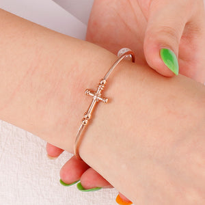 Fashion Classic Plated Rose Gold Cross 316L Stainless Steel Bangle with Imitation Pearls