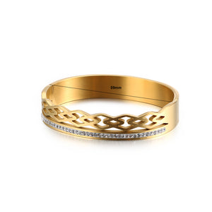 Fashion and Elegant Plated Gold Hollow Geometric 316L Stainless Steel Bangle with Cubic Zirconia