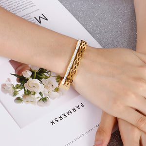 Fashion and Elegant Plated Gold Hollow Geometric 316L Stainless Steel Bangle with Cubic Zirconia