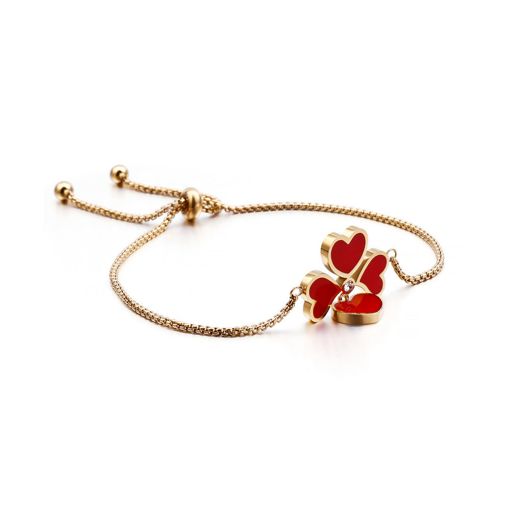 Simple and Fashion Plated Gold Red Four-leafed Clover 316L Stainless Steel Bracelet