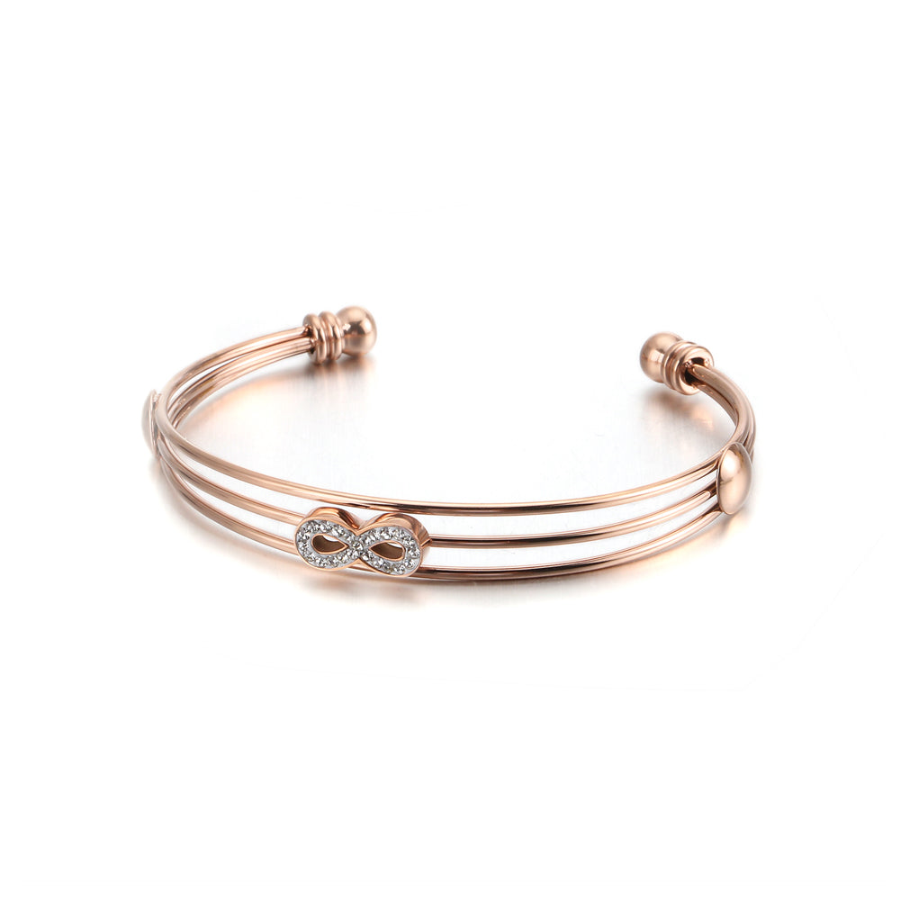 Fashion and Elegant Plated Rose Gold Infinity Symbol Multilayer 316L Stainless Steel Bangle with Cubic Zirconia