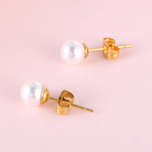Load image into Gallery viewer, Simple and Elegant Plated Gold Geometric 6mm Imitation Pearl 316L Stainless Steel Stud Earrings