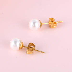 Simple and Elegant Plated Gold Geometric 6mm Imitation Pearl 316L Stainless Steel Stud Earrings