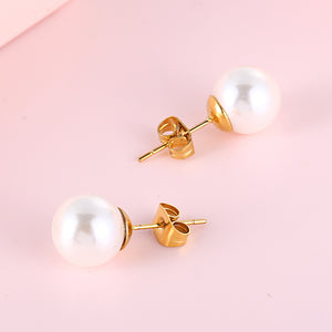 Simple and Elegant Plated Gold Geometric 8mm Imitation Pearl 316L Stainless Steel Stud Earrings