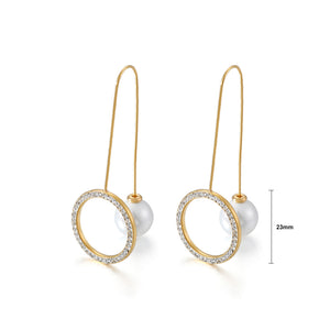 Simple and Fashion Plated Gold Geometric Circle Cubic Zirconia Tassel 316L Steel Earrings with Imitation Pearls