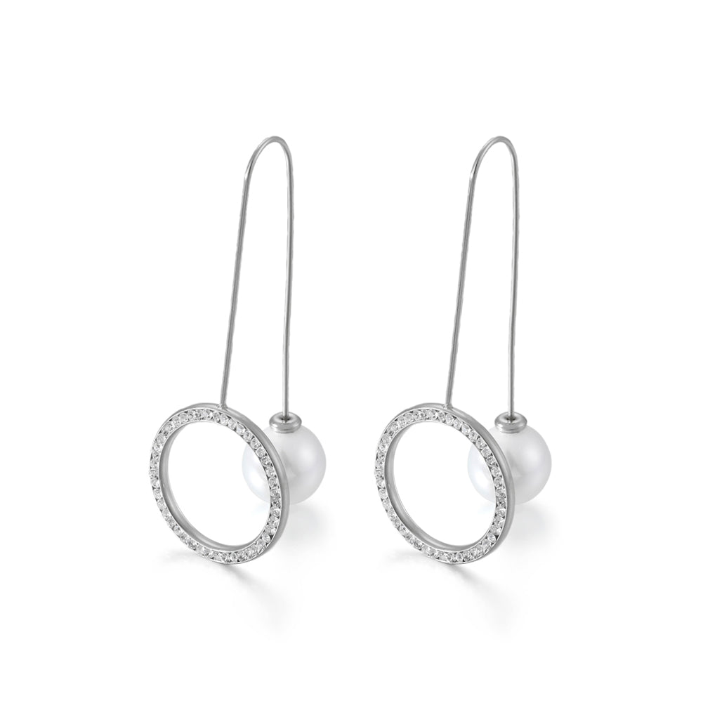 Simple and Fashion Geometric Circle Cubic Zirconia Tassel 316L Stainless Steel Earrings with Imitation Pearls