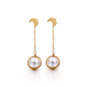 Fashion and Simple Plated Gold Moon Imitation Pearl Tassel 316L Stainless Steel Earrings