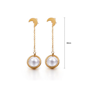 Fashion and Simple Plated Gold Moon Imitation Pearl Tassel 316L Stainless Steel Earrings