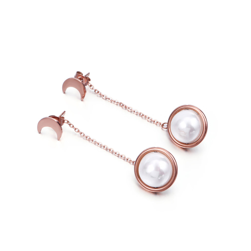 Fashion Simple Plated Rose Gold Moon Imitation Pearl Tassel 316L Stainless Steel Earrings
