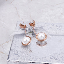 Load image into Gallery viewer, Fashion Simple Plated Rose Gold Moon Imitation Pearl Tassel 316L Stainless Steel Earrings