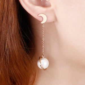 Fashion Simple Plated Rose Gold Moon Imitation Pearl Tassel 316L Stainless Steel Earrings