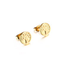 Load image into Gallery viewer, Simple and Fashion Plated Gold Geometric Round Tree Of Life 316L Stainless Steel Stud Earrings