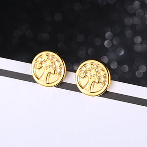 Simple and Fashion Plated Gold Geometric Round Tree Of Life 316L Stainless Steel Stud Earrings