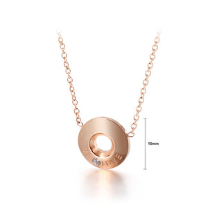 Fashion Simple Plated Rose Gold Geometric Round Love 316L Stainless Steel Pendant with Cubic Zirconia and Necklace