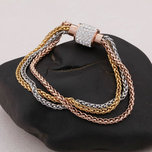 Fashion Personality Plated Rose Gold and Gold Three-color Multi-layer 316L Stainless Steel Bracelet with Cubic Zirconia