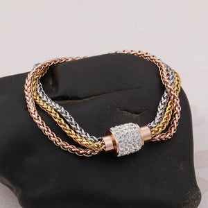 Fashion Personality Plated Rose Gold and Gold Three-color Multi-layer 316L Stainless Steel Bracelet with Cubic Zirconia