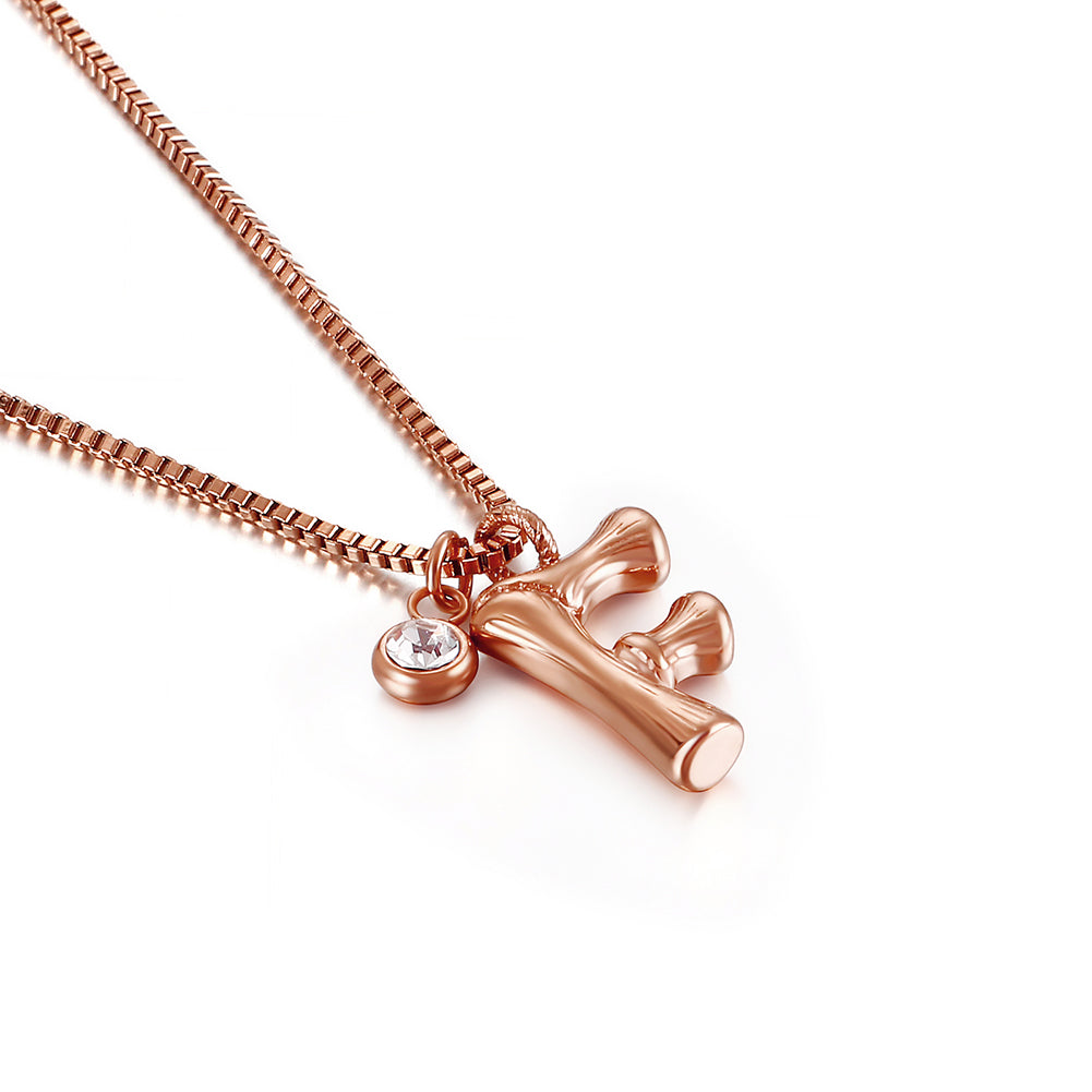Fashion Simple Plated Rose Gold English Alphabet F 316L Stainless Steel Pendant with Cubic Zirconia and Necklace