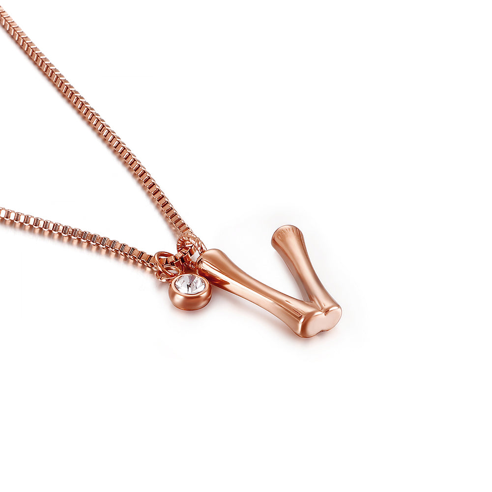 Fashion Simple Plated Rose Gold English Alphabet V 316L Stainless Steel Pendant with Cubic Zirconia and Necklace