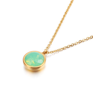 Simple and Fashion Plated Gold Geometric Round Green Cubic Zirconia 316L Stainless Steel Pendant with Necklace
