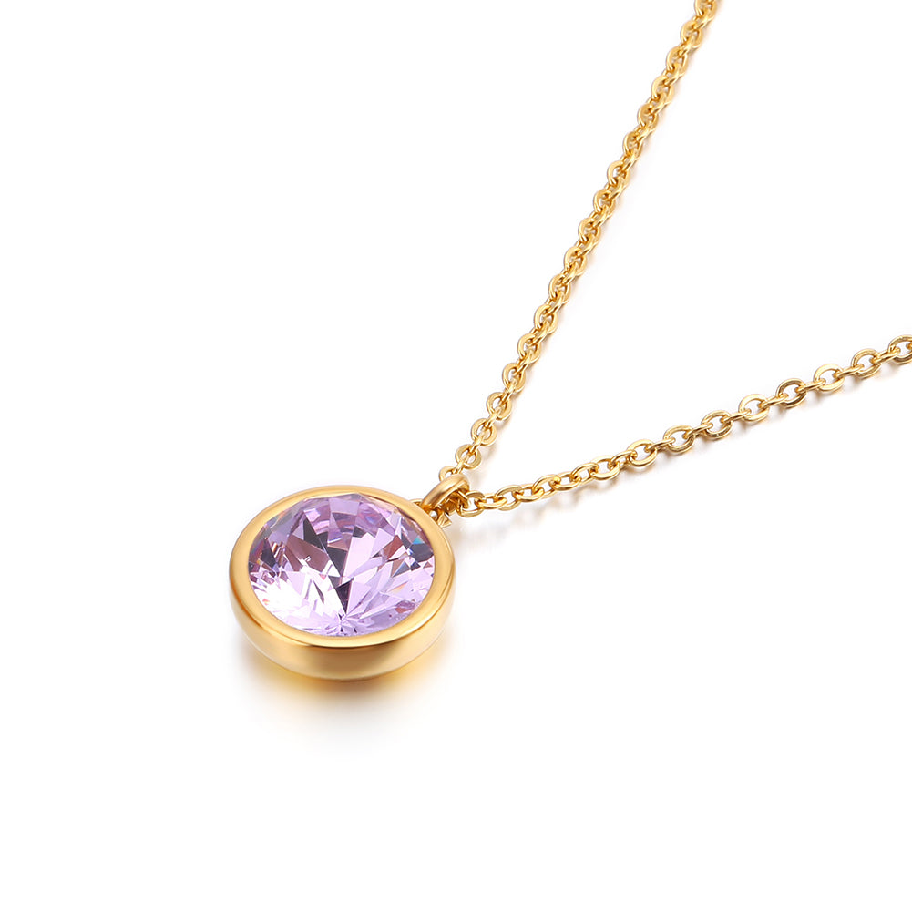Simple and Fashion Plated Gold Geometric Round Purple Cubic Zirconia 316L Stainless Steel Pendant with Necklace