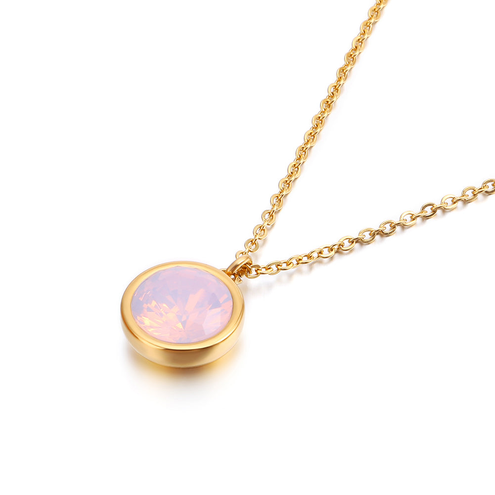 Simple and Fashion Plated Gold Geometric Round Pink Cubic Zirconia 316L Stainless Steel Pendant with Necklace
