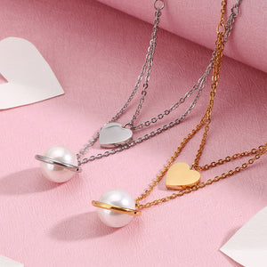 Fashion and Elegant Plated Gold Heart-shaped Imitation Pearl 316L Stainless Steel Pendant with Double-layer Necklace