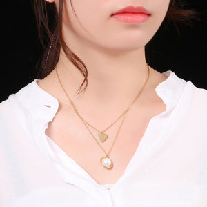 Fashion and Elegant Plated Gold Heart-shaped Imitation Pearl 316L Stainless Steel Pendant with Double-layer Necklace