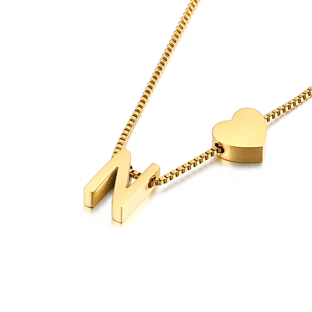 Fashion and Simple Plated Gold Heart-shaped English Alphabet N 316L Stainless Steel Pendant with Necklace