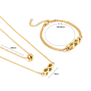 Fashion and Simple Plated Gold Infinity Symbol 316L Stainless Steel Double Layer Necklace and Bracelet Set