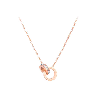 Fashion Temperament Plated Rose Gold Roman Numerals Geometric Circle 316L Stainless Steel Pendant with White Cubic Zirconia and Necklace
