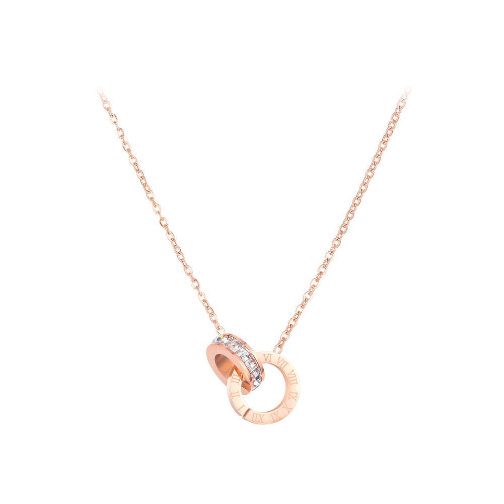 Fashion Temperament Plated Rose Gold Roman Numerals Geometric Circle 316L Stainless Steel Pendant with White Cubic Zirconia and Necklace