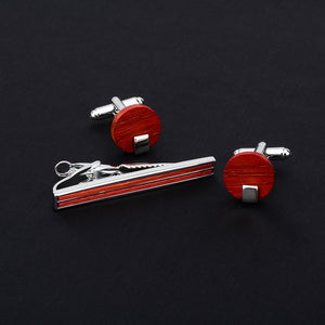 Simple and Fashion Red Sandalwood Geometric Tie Clip and Cufflinks Set