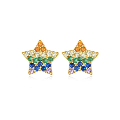 925 Sterling Silver Plated Gold Simple Bright Star Stud Earrings with Colorful Cubic Zirconia