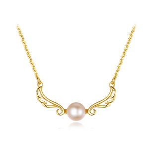 925 Sterling Silver Plated Gold Fashion Simple Angel Wings Pink Freshwater Pearl Necklace