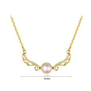925 Sterling Silver Plated Gold Fashion Simple Angel Wings Pink Freshwater Pearl Necklace