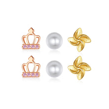 Load image into Gallery viewer, 925 Sterling Silver Fashion Simple Crown Flower Imitation Pearl Three-piece Stud Earrings with Pink Cubic Zirconia