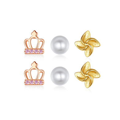 925 Sterling Silver Fashion Simple Crown Flower Imitation Pearl Three-piece Stud Earrings with Pink Cubic Zirconia