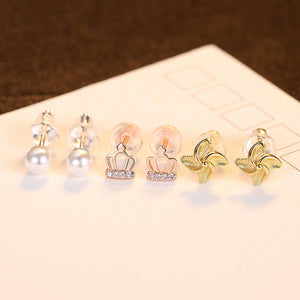 925 Sterling Silver Fashion Simple Crown Flower Imitation Pearl Three-piece Stud Earrings with Pink Cubic Zirconia