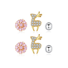 Load image into Gallery viewer, 925 Sterling Silver Simple Cute Deer Snowflake Imitation Pearl Three-piece Stud Earrings with Cubic Zirconia