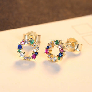 925 Sterling Silver Plated Gold Fashion Simple Hollow Geometric Round Stud Earrings with Colorful Cubic Zirconia