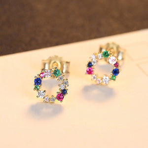 925 Sterling Silver Plated Gold Fashion Simple Hollow Geometric Round Stud Earrings with Colorful Cubic Zirconia