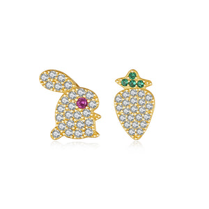 925 Sterling Silver Plated Gold Fashion Cute Rabbit Radish Asymmetrical Stud Earrings with Cubic Zirconia