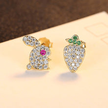 Load image into Gallery viewer, 925 Sterling Silver Plated Gold Fashion Cute Rabbit Radish Asymmetrical Stud Earrings with Cubic Zirconia