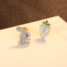 Load image into Gallery viewer, 925 Sterling Silver Plated Gold Fashion Cute Rabbit Radish Asymmetrical Stud Earrings with Cubic Zirconia