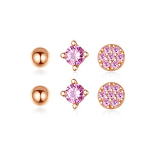 Load image into Gallery viewer, 925 Sterling Silver Plated Rose Gold Simple and Delicate Geometric Round Stud Earrings with Pink Cubic Zirconia
