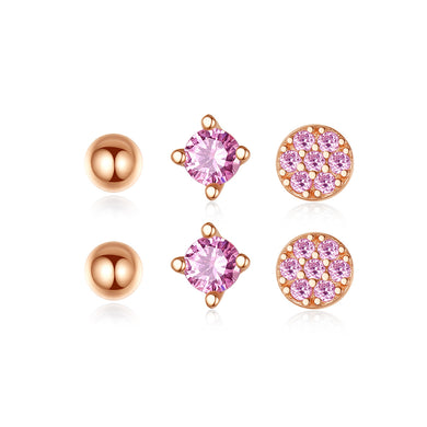 925 Sterling Silver Plated Rose Gold Simple and Delicate Geometric Round Stud Earrings with Pink Cubic Zirconia