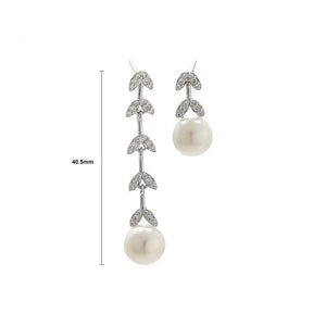 925 Sterling Silver Fashion Simple Leaf Tassel White Freshwater Pearl Earrings with Cubic Zirconia