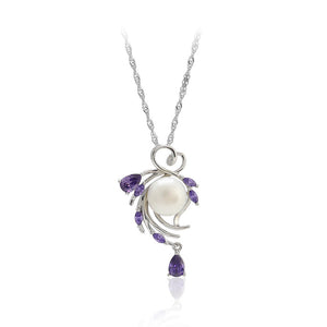 925 Sterling Silver Fashion Simple Leaf White Freshwater Pearl Pendant with Purple Cubic Zirconia and Necklace
