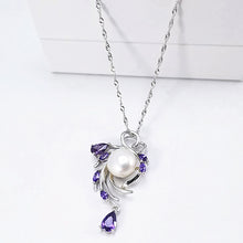 Load image into Gallery viewer, 925 Sterling Silver Fashion Simple Leaf White Freshwater Pearl Pendant with Purple Cubic Zirconia and Necklace